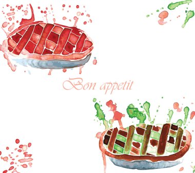 Beyaz bir arka plan üzerinde iki tatlı suluboya pasta