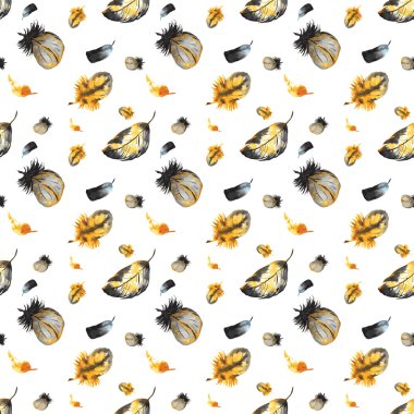 Seamless pattern of hand-painted watercolor yellow-black feather