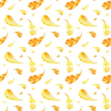 Seamless pattern of hand-painted watercolor yellow feathers on a