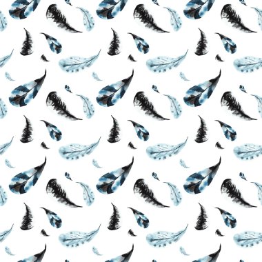 Seamless pattern of hand-painted watercolor black feathers on a 