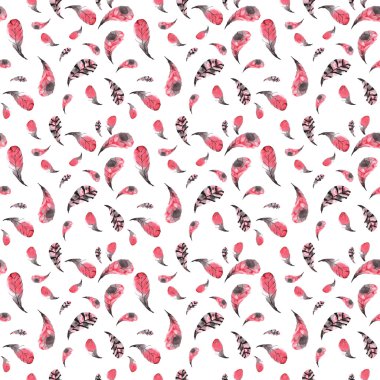 Seamless pattern of hand-painted watercolor red and pink feather