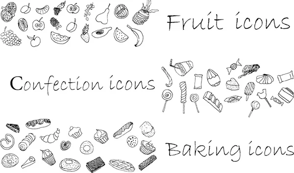 Ícones pintados à mão, confecção, cozimento e frutas — Vetor de Stock