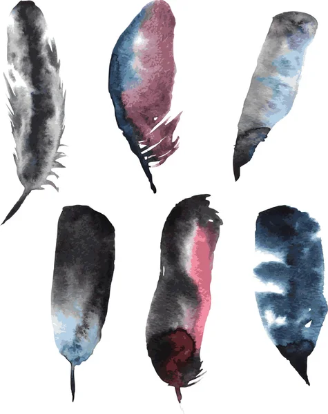 六水彩羽在暗色调的集 — 图库矢量图片