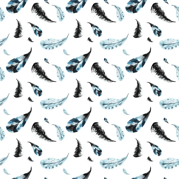 Seamless pattern of hand-painted watercolor black feathers on a — Stockvector