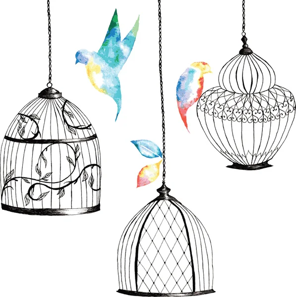 Ensemble de cages à oiseaux peintes à la main, oiseaux, feuilles, aquarelle arc-en-ciel — Image vectorielle