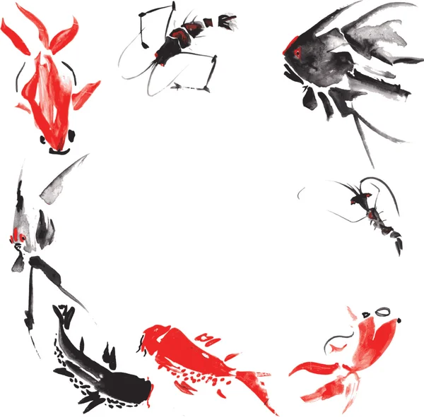 Marine life such as - shrimp, angelfish , marble carp , goldfish — Stockvector