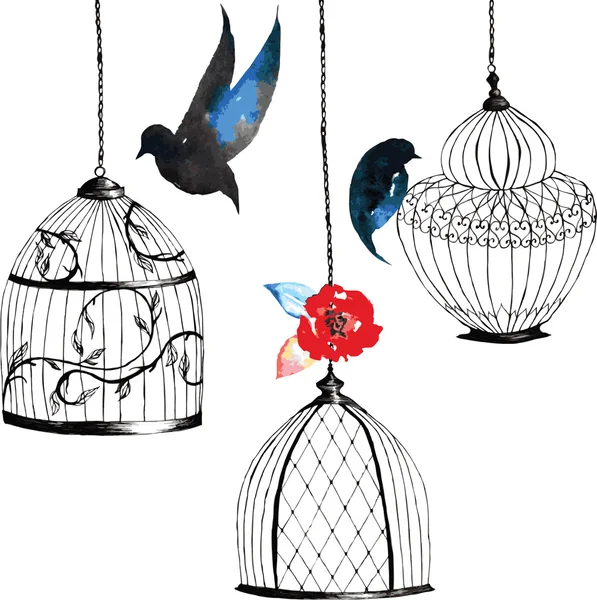 Ensemble de cages à oiseaux peintes à la main, oiseaux, feuilles, aquarelle col foncé — Image vectorielle