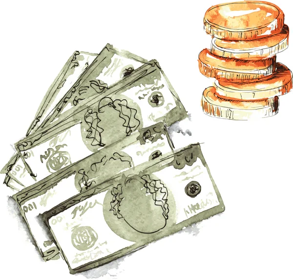 Set hand-painted watercolor - dollars five pieces  and a stack o — Stock Vector