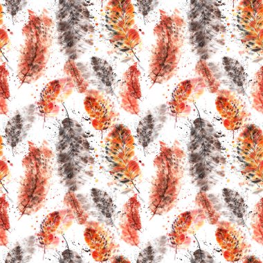 Dikişsiz desen renkli tüyler, suluboya boyalı