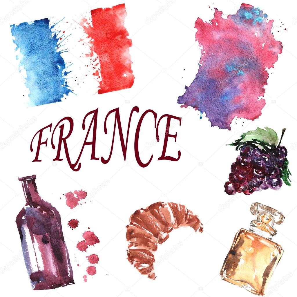 hand-drawn watercolor set on the theme of France , consisting of