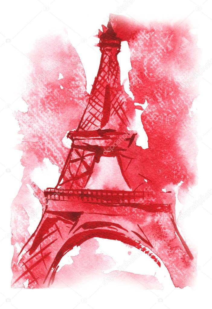 watercolor hand-drawn sketch - the Eiffel Tower , France