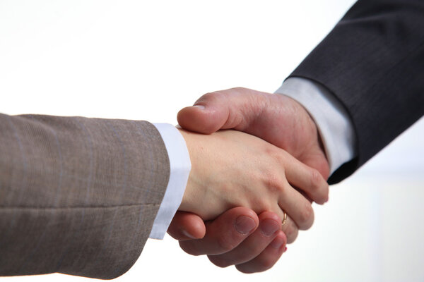 Business handshake. Two businessman shaking hands with each other in the office