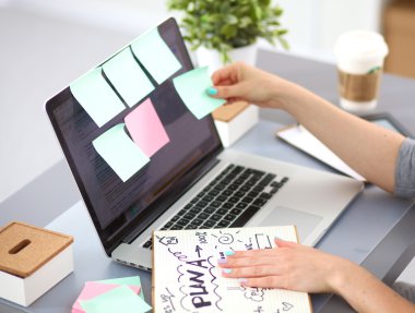 bir dizüstü bilgisayarda çalışan genç iş kadını