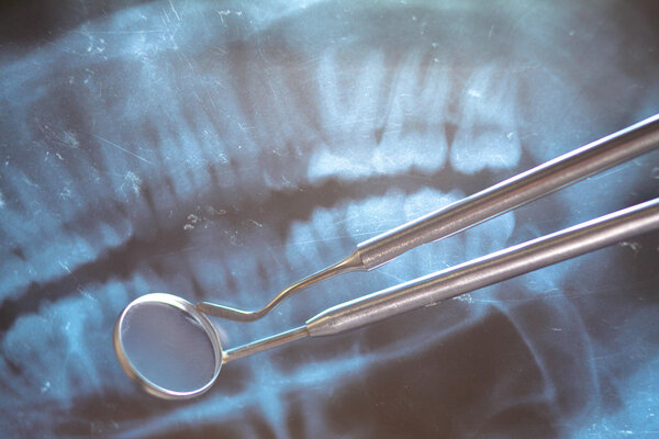 Dental pan x-ray, denture and dental instruments