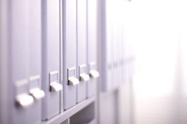 Birçok kağıtları düzenli bir dosyada düzenlenmiş raflar. Ve bazıları hala masada