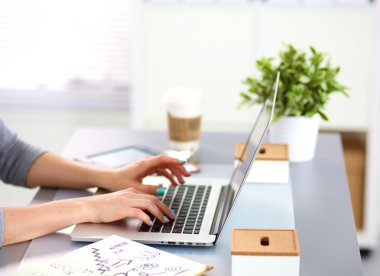 bir dizüstü bilgisayarda çalışan genç iş kadını