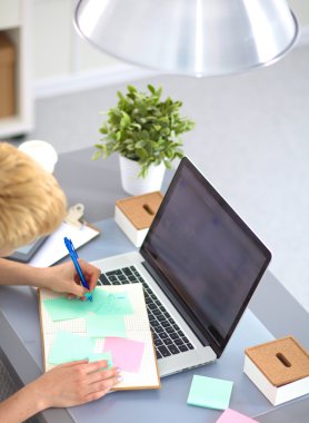 bir dizüstü bilgisayarda çalışan genç iş kadını