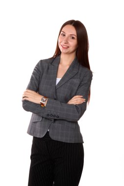 Mutlu başarılı iş kadını. Beyaz arka plan üzerinde izole.