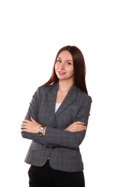 Mutlu başarılı iş kadını. Beyaz arka plan üzerinde izole.