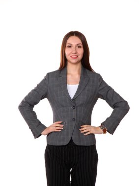 Mutlu başarılı iş kadını. Beyaz arka plan üzerinde izole.