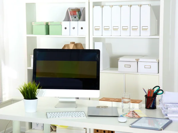 Designer working place with computer and paperwork — Stock Photo, Image