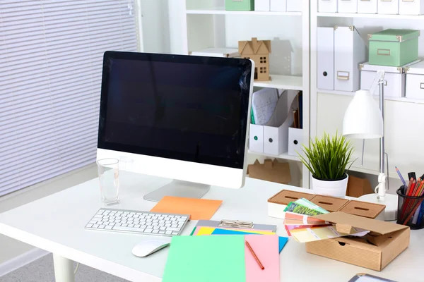 Designer working place with computer and paperwork — Stock Photo, Image