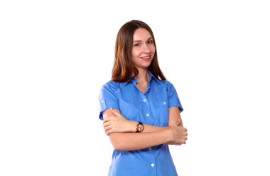 Gülümseyen kadın mıyım işaret gösteren. Beyaz arka plan üzerinde izole