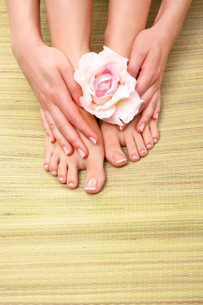 Pedicure on legs and beautiful manicure hands closeup — Stock Photo, Image