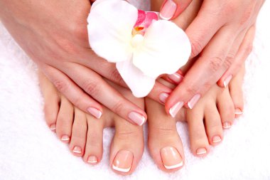 Pedikür bacaklar ve güzel manikür eller yukarı