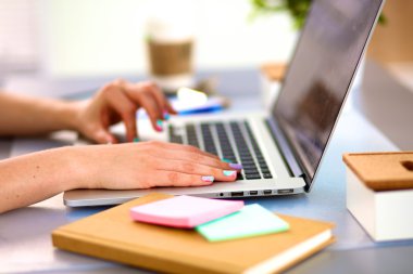 bir dizüstü bilgisayarda çalışan genç iş kadını