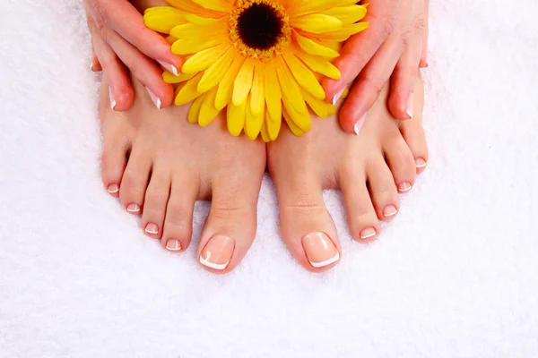 Belos pés com spa perfeito francês prego pedicure — Fotografia de Stock