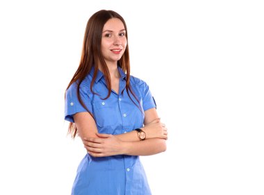 Gülümseyen iş kadını. Beyaz arkaplan üzerinde izole edilmiş