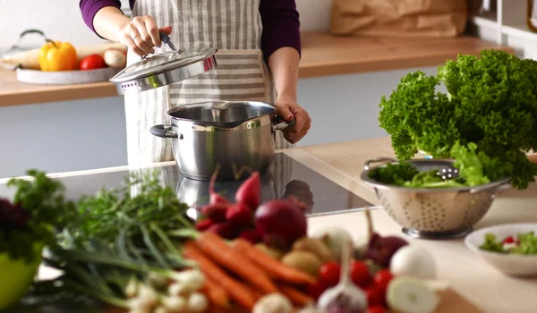 野菜サラダ - クローズ アップ ショットの準備の手を調理します。 — ストック写真
