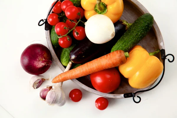 Composition with assorted raw organic vegetables wooden table — Stock Photo, Image