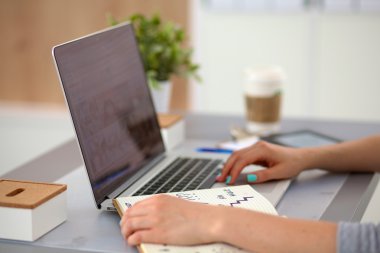 bir dizüstü bilgisayarda çalışan genç iş kadını