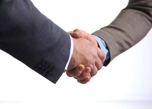 Business handshake. Two businessman shaking hands with each other in the office