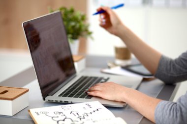 bir dizüstü bilgisayarda çalışan genç iş kadını