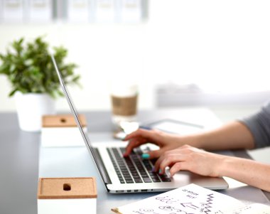 bir dizüstü bilgisayarda çalışan genç iş kadını