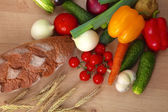 Картина, постер, плакат, фотообои "pile of organic vegetables on a wooden table", артикул 84184730