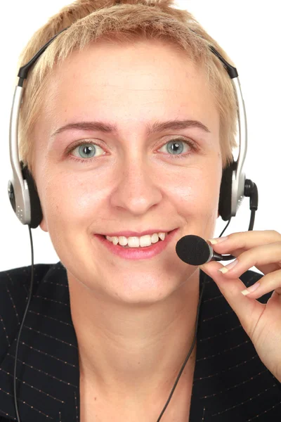 Retrato de feliz sonriente operador de teléfono de apoyo alegre en auriculares, aislado sobre fondo blanco — Foto de Stock