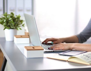 bir dizüstü bilgisayarda çalışan genç iş kadını