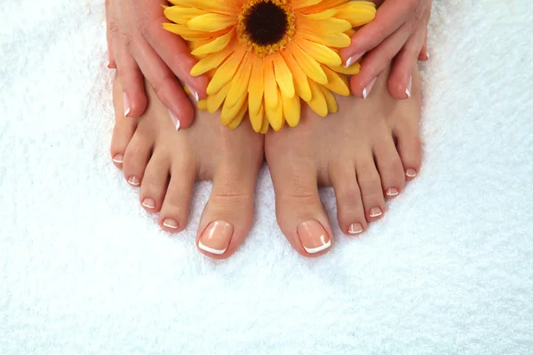 Closeup foto de um belo pés femininos com pedicure — Fotografia de Stock