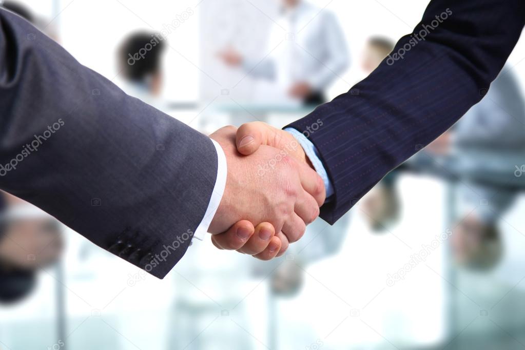 Business handshake. Two businessman shaking hands with each other in the office