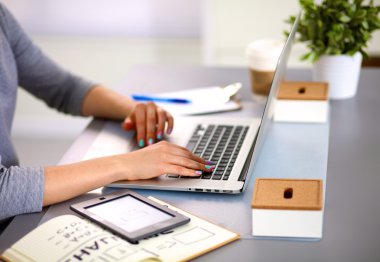 bir dizüstü bilgisayarda çalışan genç iş kadını