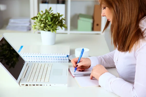 Młoda kobieta pracuje na laptopie — Zdjęcie stockowe