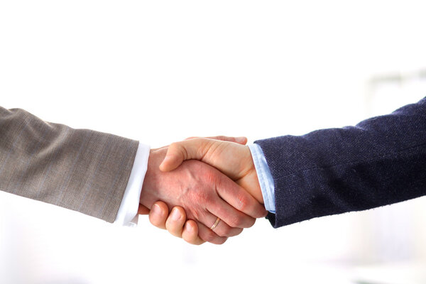 Business handshake. Two businessman shaking hands with each other in the office