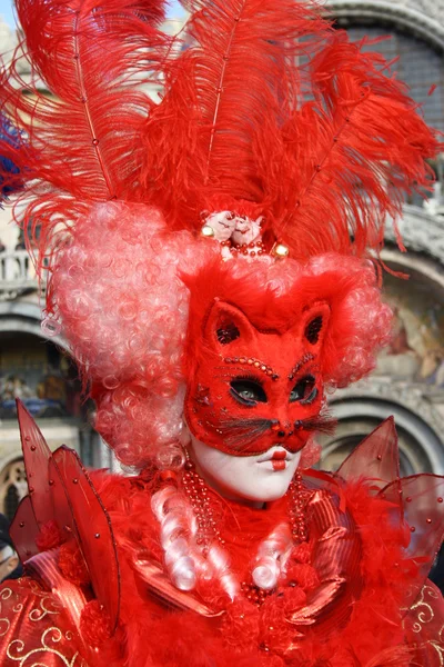 イタリア、ヴェネツィアのサンのポーズでカーニバル マスク サンマルコ広場。赤猫. — ストック写真