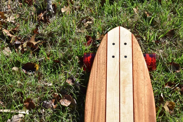 木のスケートボードストライプと葉と草の上の赤い車輪 — ストック写真