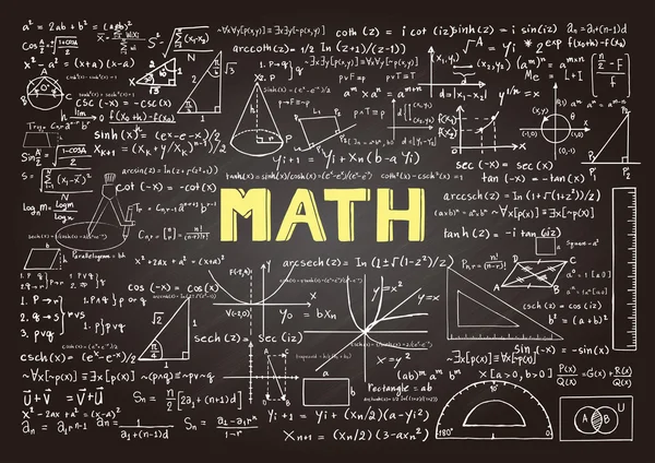 Arka plan, afiş, kitap kapağı ve eğitim sanayi vb için kara tahta üzerinde matematik formülleri el çekilmiş — Stok Vektör