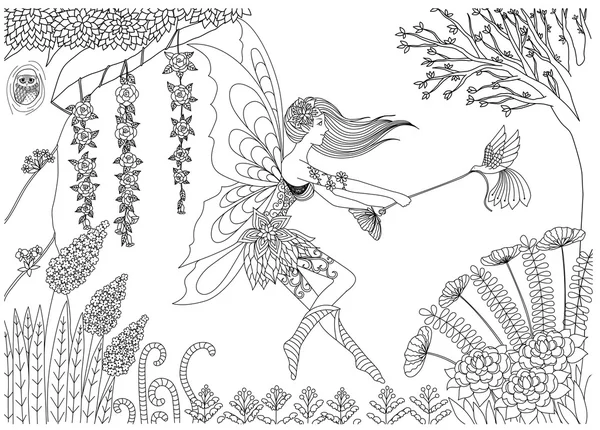 Fairy is playing with bird in the forest design for coloring book for adult- stock vector — Stock Vector